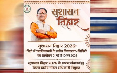 अम्बिकापुर : सुशासन तिहार 2026: जिले में जनशिकायतों के त्वरित निराकरण हेतु शिविरों का आयोजन 01 मई से 10 जून 2026