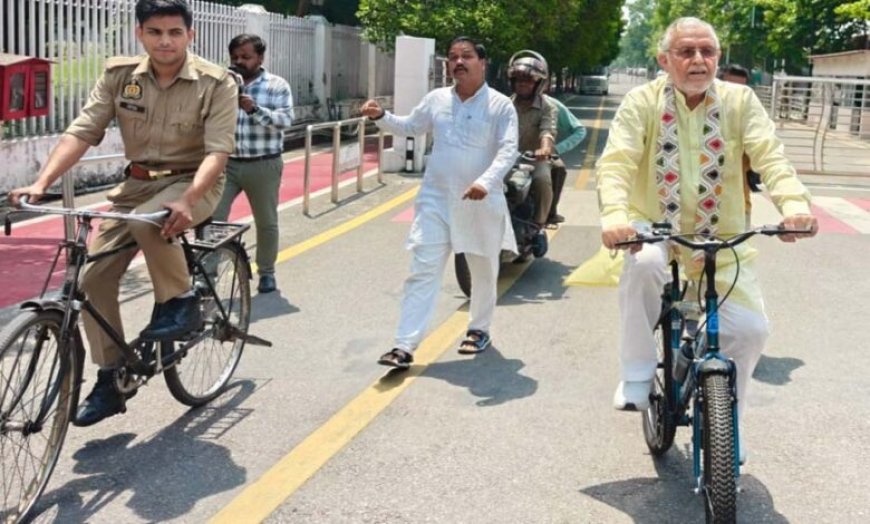 सीएम योगी की प्रेरणा से ईंधन बचत अभियान को मिली नई रफ्तार, साइकिल से विधानसभा पहुंचे वित्त मंत्री