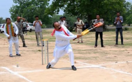 जंगल के बीच क्रिकेट का मैदान और उप मुख्यमंत्री अरुण साव के हाथ में बैट