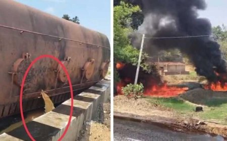 अंबिकापुर-बनारस मार्ग पर राइस ब्रान तेल से भरा टैंकर पलटा, बहते तेल में लगी भीषण आग