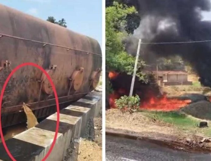 अंबिकापुर-बनारस मार्ग पर राइस ब्रान तेल से भरा टैंकर पलटा, बहते तेल में लगी भीषण आग