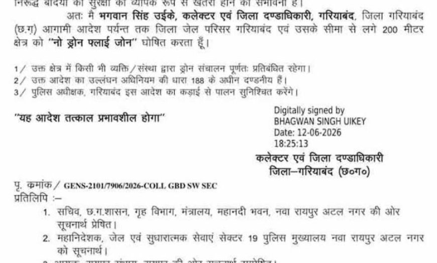 गरियाबंद जिला जेल के 200 मीटर दायरे में ड्रोन उड़ाने पर रोक, प्रशासन ने जारी किया आदेश